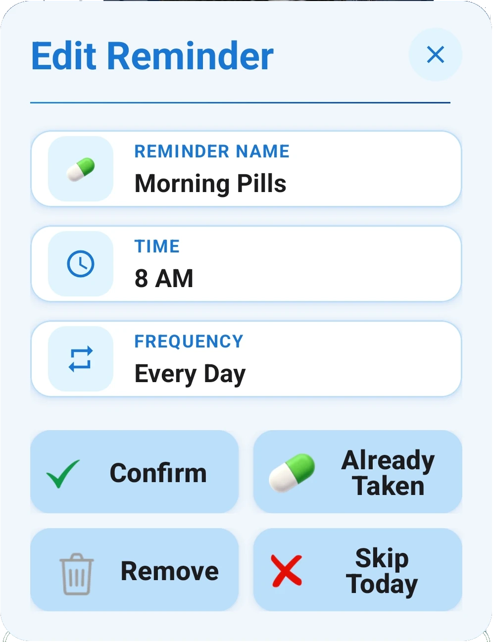 Editing a reminder to record it as taken or skipped