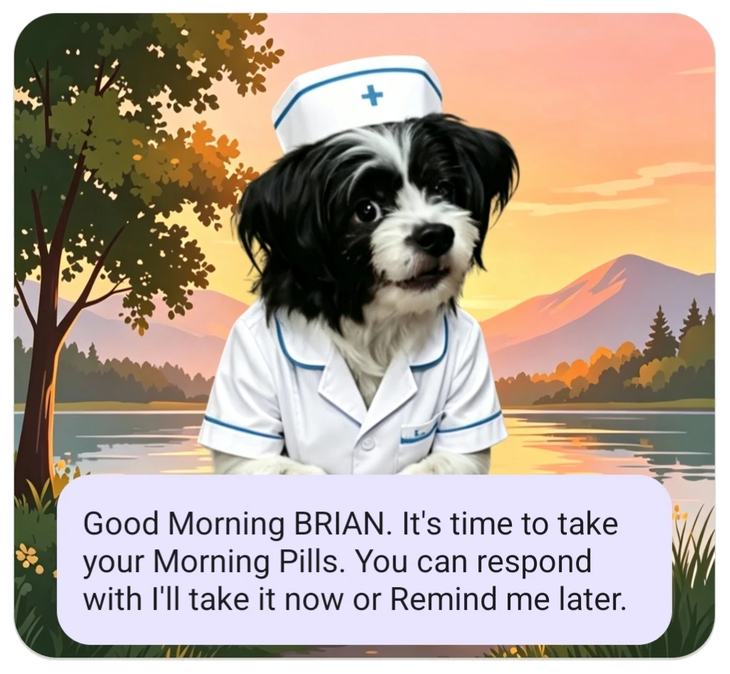 Morning reminder from a nurse-puppy avatar at sunrise