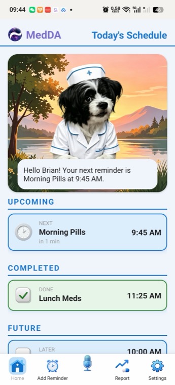 MedDA home screen — a clean, ad-free schedule
